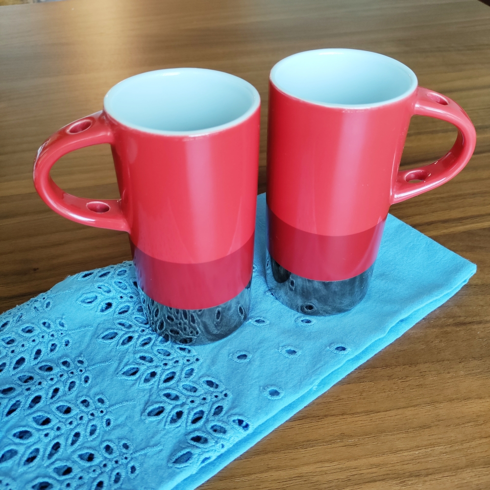 Pair of Starbucks Red and Silver Ceramic Mugs Modern Design
